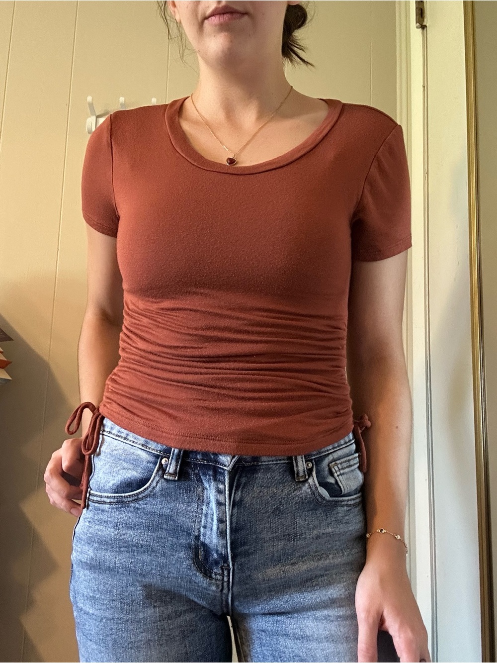 Aeropostale Short Sleeve Scoop Neck Ruched Side Tie Top - Rust